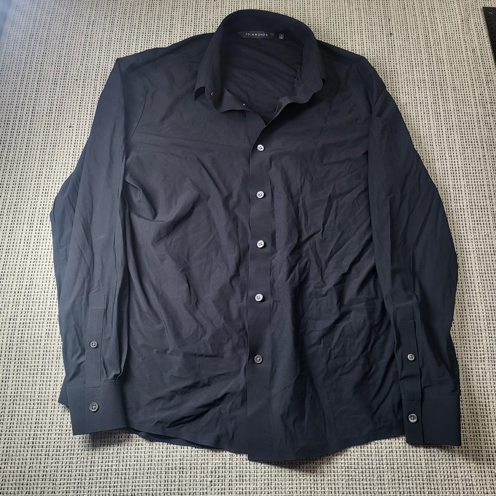 7 Diamonds Dress Shirt Mens M Black Solid Regular Fit Long Sleeve Business